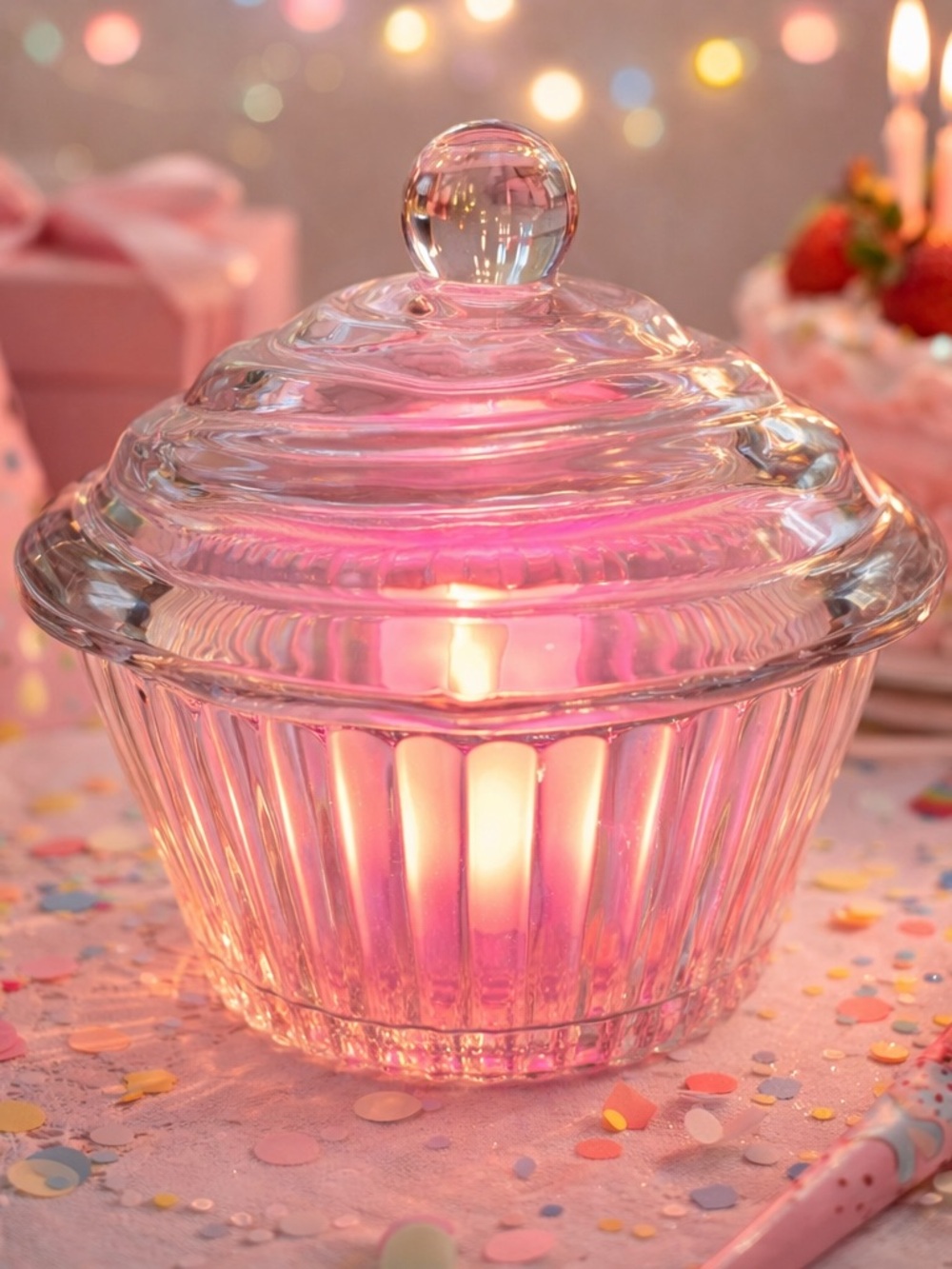 Large Clear Glass Fairy Lamp | “Cupcake” Lidded Dish | Cottagecore